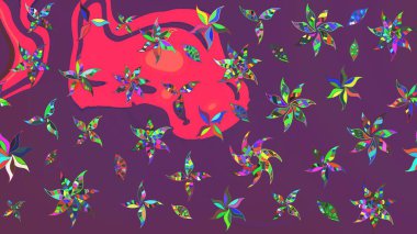 Raster illüstrasyonu. Mor ve pembe kıvırcık çiçekler mor ve pembe renklerde. Klasik çiçek tasarım elementleri.