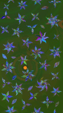 Raster illüstrasyonundaki çiçek desenli çizim. Yeşil ve mavi renkte çiçekler.