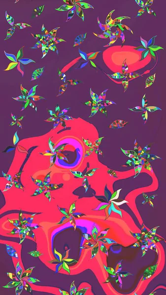 Manzaralı çiçek deseni. Üst manzara, yumuşak mor ve pembe renk tarzı. Sevgililer günü ve tebrik kartı konsepti için şık bir davetiye. Çiçek kompozisyonu, el boyası, hassas şablon..