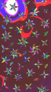 Asya tekstil tarzında. Çiçek desenli çizim. Raster illüstrasyonu. Düz Çiçek Elementleri Tasarımı. Renkli Bahar Teması eskiz kalıbı. Kahverengi ve mor renkte çiçekler.