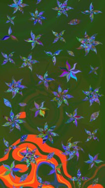 Parlak renkli çiçekleri ve yeşil ve turuncu renkli yaprakları olan harika bir çiçek deseni. Moda baskıları için zarif bir şablon. Modern çiçek arkaplanı. Halk stili.