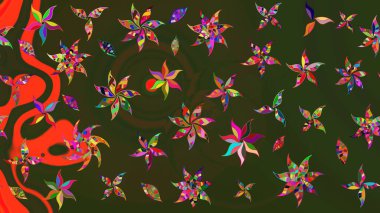 Yeşil ve gri renkte etnik çiçeklerle süslenmiş zarif bir eskiz. Raster Çiçek İllüstrasyon Şirin Tekstil.