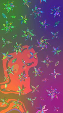 Düz Çiçek Elementleri Tasarımı. Renkli Bahar Teması eskiz kalıbı. Raster illüstrasyonundaki çiçek desenli çizim. Mor ve yeşil renkte çiçekler.