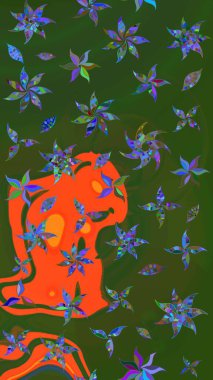 Çiçekli karalama şeklinde Raster çiçek deseni. Yeşil ve turuncu renklerde bahar çiçekleri. Raster illüstrasyonu.