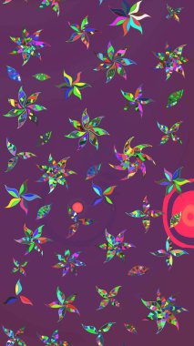 1950-1960 motifleri. Çiçekli ipek eşarp. Retro tekstil tasarım koleksiyonu. El çizimi çiçek unsurları olan soyut çizim raster deseni. Mor ve yeşil, mor ve yeşil.