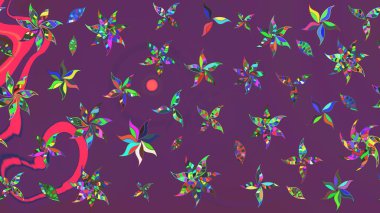 Mor ve yeşil renklerdeki çok renkli ve yeşil zarif küçük çiçekler ve komik böcekler, raster desen, illüstrasyon.