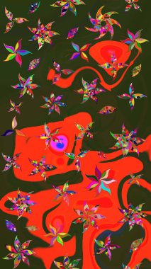 Yeşil ve kırmızı renkte çiçekler. Elle çizilmiş sonbahar çiçeği deseni. Doodle tarzı. Renkli yeşil ve kırmızı çizim kalıpları. Tekstil ve kapak tasarımı için mükemmel.