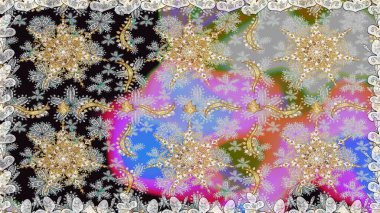 Senin tasarımın için, duvar kağıdı. Gri ve nötr renklerde, altın çiçekli altın desenler. Raster geometrik arka plan. Altın rengi kusursuz illüstrasyon.