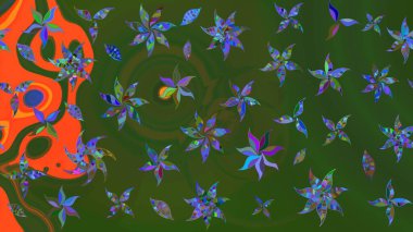 Sevimli çiçek raster deseni. Yeşil ve turuncu renkli çiçekler. Renkli Yaz Temalı eskiz kalıbı. Düz Çiçek Elementleri Tasarımı.