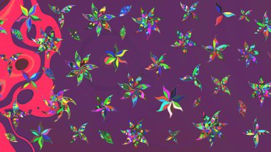 Raster illüstrasyonu. Mor ve pembe renklerde. 3D çiçekler, çizim.