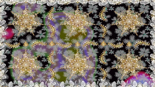 Tekrarlayan elementlerle kusursuz soyut arkaplan. Klasik raster şablonu. Gri, siyah ve altın desenli.