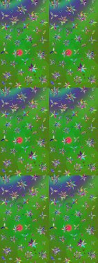 Raster illüstrasyonu. Kumaş, duvar kağıdı ve kağıt üzerine baskı yapmak için gelişen arka plan. Eski usul küçük çiçekli şirin bir eskiz deseni. Moda arka planında parlak buketler.