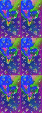 Mavi ve mor renkli etnik çiçeklerle süslenmiş zarif bir eskiz deseni. Raster Çiçek İllüstrasyon Şirin Tekstil.