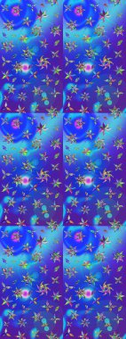 Eskiz arkaplan modeli. Vadinin mavi ve mor renkli çiçekleri. Raster - stok. Suluboya, elle çizilmiş.