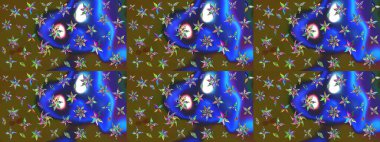 Raster illüstrasyonu. Yeşil ve mavi renklerde. 3D çiçekler, çizim.