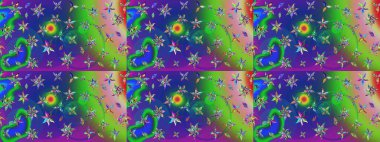 Eskiz arkaplan modeli. Yapraklı çiçekler ve yeşil ve mavi renkli papatya çiçekleri. Raster - stok.