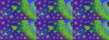 Yapraklı çiçekler ve mavi ve mor renkli papatya çiçekleri. Raster - stok. Taslak arkaplan deseni.