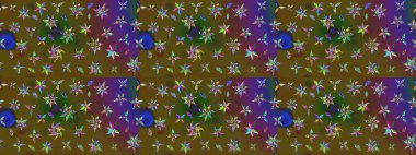 Yumuşak, yeşil ve kahverengi renklerde bahar çiçekleri. Raster deseni. Patlayan çiçekler soyut olarak yerleştirilmiş. Raster illüstrasyonu.