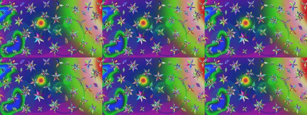 Eskiz arkaplan modeli. Yapraklı çiçekler ve yeşil ve mavi renkli papatya çiçekleri. Raster - stok.