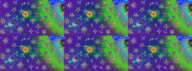 Yapraklı çiçekler ve mavi ve mor renkli papatya çiçekleri. Raster - stok. Taslak arkaplan deseni.