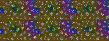 Yumuşak, yeşil ve kahverengi renklerde bahar çiçekleri. Raster deseni. Patlayan çiçekler soyut olarak yerleştirilmiş. Raster illüstrasyonu.