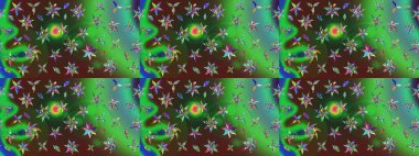 Raster illüstrasyonu. Yeşil ve mor renkli çiçekler. Çizim çiçek deseni duvar kağıdı için kullanılabilir.