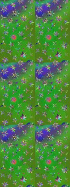 Yeşil ve mor renklerde. 3D çiçekler, eskiz. Raster illüstrasyonu.