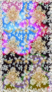 Doğum günü kartı, davetiye ya da afiş için iyidir. Raster illüstrasyonu. Tarafsız ve gri renklere altın. Dekoratif simetri arabesk. Kusursuz ortaçağ çiçek desenleri..