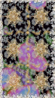 Gri ve siyah renklerde altın element. Lüks, kraliyet ve Viktorya dönemi konsepti. Gri ve siyah yerine altın rengi klasik barok çiçekli desenler. Süslü raster dekorasyonu.