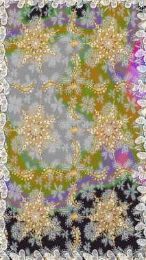 El yapımı dekoratif çerçeve, albüm kapağı, tebrik kartı, klasik Art deco tarzı. Altın karalama fantezi yapraklarından Raster soyut çiçek çelengi ve gri ve nötr renklerde çiçek..