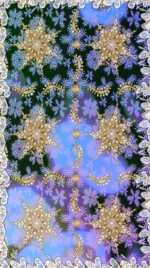 Altın element mavi ve gri renklerde. Davetiyeler, kartlar, web sayfası için Raster illüstrasyon. Altın desenli çiçek dekoru. Çizgi sanatı tasarım şablonu için kusursuz sınır. Doğu tarzı ögesi.