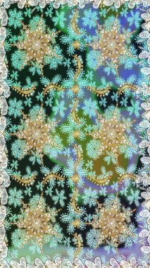 Altın şablon. Tarafsız ve mavi renklerin kraliyet retro 'su. Klasik çiçek dokusu. Kusursuz desenli altın elementler. Kart, duvar kağıdı, ambalaj ve tekstil için klasik tasarım. Raster illüstrasyonu.