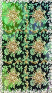 Yeşil ve gri renklerde altın elementlerle kusursuz desen. Klasik klasik klasik arka plan. Kusursuz klasik raster altın desenli. Geleneksel oryantasyon süsü. Raster illüstrasyonu.