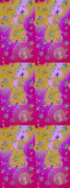 Çiçek süslemeli çizim deseni. Mor ve sarı renkte çiçekler. Raster illüstrasyonu.