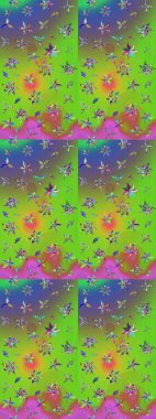 Yeşil ve menekşe rengi zarif küçük çiçekler ve yeşil ve mor renkli komik böcekler, raster desen, illüstrasyon.