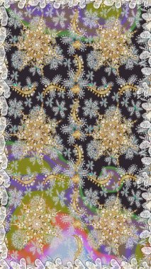 Hassas altın deseni açın. Kusursuz altın desenli bukleler. Parlak dantel, stilize çiçekler, şal desenli. Raster. Gri renklerde, altın elementlerle kusursuz desen. Doğu tarzı arabesk.