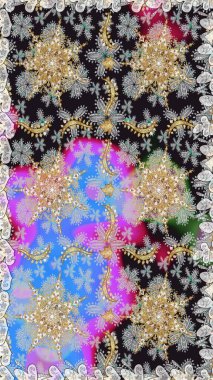 Hassas altın deseni açın. Kusursuz altın desenli bukleler. Doğu tarzı arabesk. Parlak dantel, stilize çiçekler, şal desenli. Raster. Gri renklerde, altın elementlerle kusursuz desen.