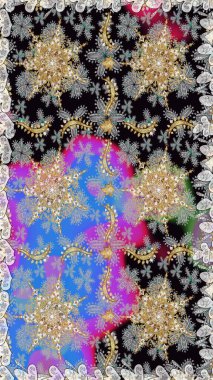 Davetiyeler, kartlar, web sayfası için Raster illüstrasyon. Çizgi sanatı tasarım şablonu için kusursuz sınır. Altın desenli çiçek dekoru. Doğu tarzı element. Gri ve siyah renkler üzerine altın element.