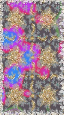 Altın antika ortaçağ dekoratifi, yapraklar ve gri ve nötr renklerde altın desenli süslemeleri olan dikişsiz bir şablon. Kusursuz kraliyet lüksü, altın barok kumaş rengi..