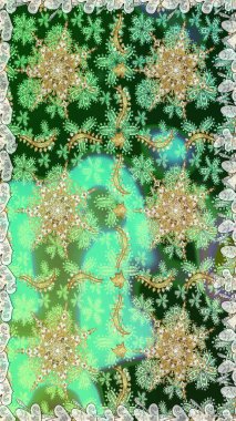 Tekrarlayan elementlerle kusursuz soyut arkaplan. Klasik raster şablonu. Yeşil, nötr ve altın desenli.