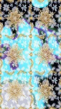 Duvar kâğıdı için altın süslü bir illüstrasyon. Çiçekli süslemeli, pürüzsüz bir desen. Süslü dantel iz sürücü. Doğu tarzında klasik tasarım öğesi. Mavi renkler üzerine geleneksel Arapça dekor.