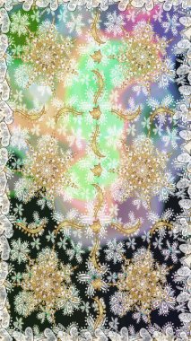 El yapımı dekoratif çerçeve, albüm kapağı, tebrik kartı, klasik Art deco tarzı. Raster soyut çiçek çelengi altın karalama fantezi yaprakları ve tarafsız ve gri renkte çiçek.