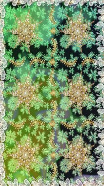 Damask pürüzsüz süsü. Klasik oryantal desen yeşil ve nötr renklerden üstündür. Geleneksel raster ve altın desen.