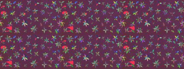 Dallı bahar çiçekleri ile desen, kahverengi ve mor renkler ile çiçek silueti. Raster deseni.