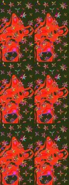 Çiçekli el çizimi çizimi deseni. Modern gelişim yeşil ve kırmızı raster arka plan duvar kâğıdı illüstrasyon klasik çizgili iz sürme desenli çiçekler, çiçekli süsler.