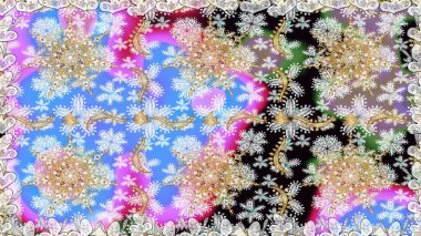 Damask arkaplanı tekerrür ediyor. Antika altın tekrarlanabilir duvar kağıdı. Tarafsız ve mavi renklerde altın element. Barok tarzında altın çiçek süsü..