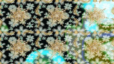 Kusursuz raster arka plan. Çiçek deseni. Şık bir grafik desen. Duvar kâğıdı barok, İspanyol kumaşı. Tarafsız ve siyah renklerde altın elementler.