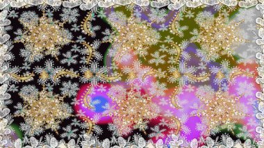 Kusursuz kıvırcık saçlar. Raster altın desen. Doğulu stil altın deseni gri ve nötr renklerle altın elementlerle donatır.