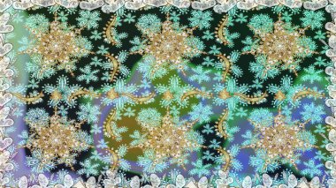 Altın şablon. Tarafsız ve mavi renklerin kraliyet retro 'su. Klasik çiçek dokusu. Kusursuz desenli altın elementler. Kart, duvar kağıdı, ambalaj ve tekstil için klasik tasarım. Raster illüstrasyonu.