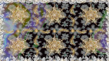 Gri ve siyah renklerde altın elementlerle kusursuz desen. Kusursuz altın desenli bukleler. Raster. Doğulu arabeskler. Parlak dantel, stilize çiçekler, şal desenli. Zarif altın deseni aç.